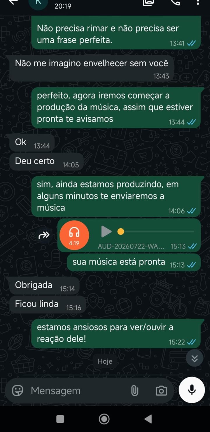 Conversa de WhatsApp mostrando o envio da música pronta e a cliente respondendo Obrigada e Ficou linda.